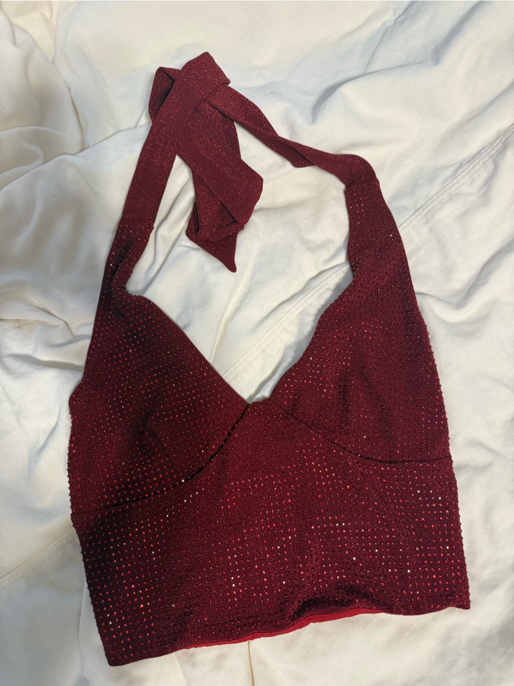 Windsor Red Strapless Rhinestone Embellished Crop Top